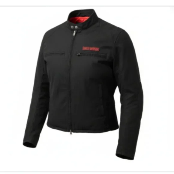 Harley-Davidson Black Canvas Jacket Flames Logo Size Large Zip Pockets - Picture 16 of 16